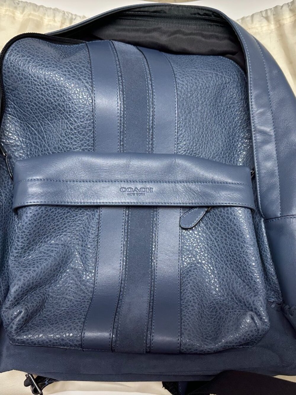 Coach F11250 Charles Mens Leather Backpack Blue Baseball Stitch Varsity Stripe